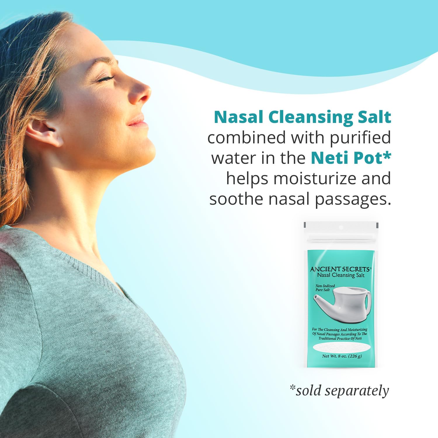 ANCIENT SECRETS Nasal Cleansing Salt, Non-Iodized – USP-Grade Sodium Chloride for Any Neti Pot, Sinus Irrigation System, 8 Oz