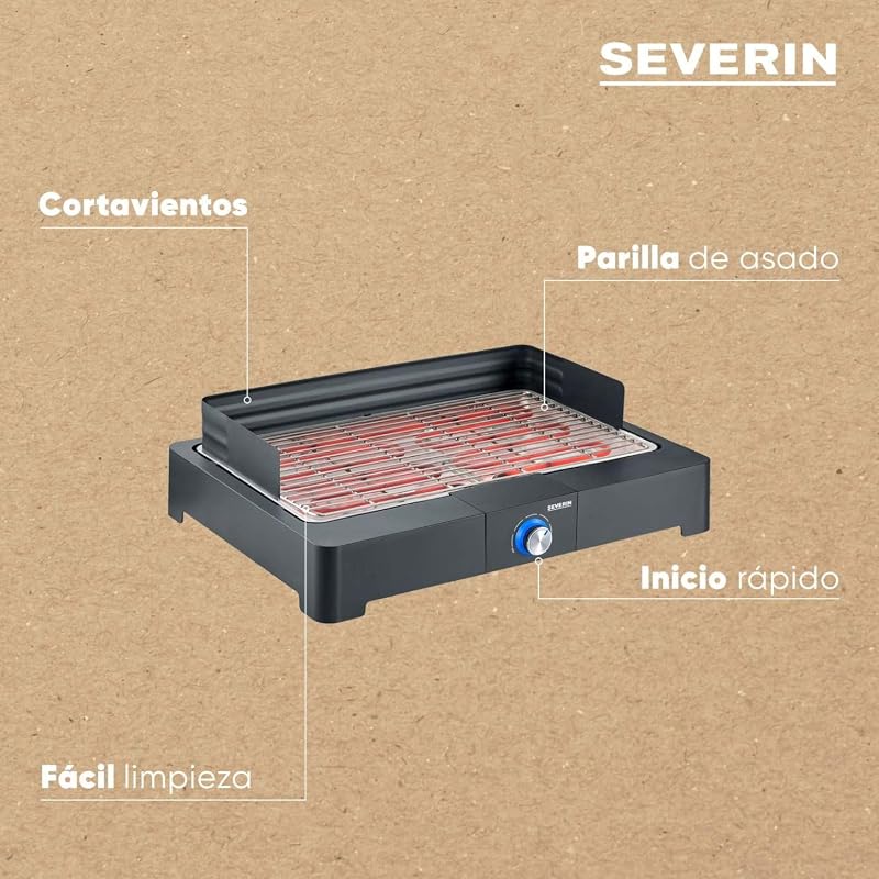 Churrasqueira de mesa severin com grelha em aço inox para uso interno e externo, churrasqueira elétrica com início rápido, mini churrasqueira sem risco de queimaduras, preta, pg 8565