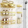 Veken Adhesive Shower Caddy 6-Pack,Gifts for Women Mom,Heavy Weight Bearing,Large Wall Mounted Bathroom Shelves Rack,Organizer Storage Accessories with Soap Dish&Toothbrush Holder,Bright Gold