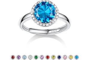 BESTYLE 925 Sterling Silver Birthstone Rings for Women Girls with Clear 2ct Heart/Round/Teardrop/Square Crystal, Solitaire Diamond Halo Open Bands Cubic Zirconia Rings Adjustable Size#6-#12