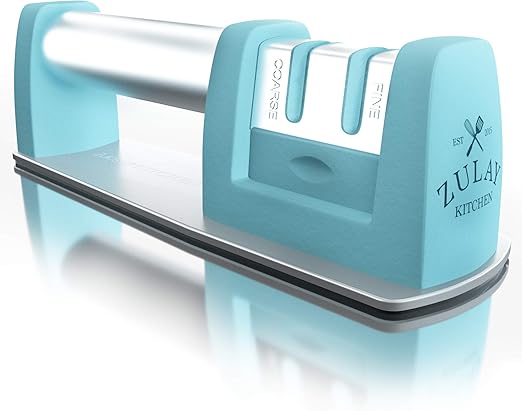 Amazon Com Zulay Premium Quality Knife Sharpener For Straight And Serrated Knives Stainless Steel Ceramic And Tungsten Easy Manual Sharpening For Dull Steel Paring Chefs And Pocket Knives Blue Kitchen Dining