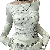 Women Y2K Gothic Graphic Print Long Sleeve Tops Grunge Crew Neck Vintage Shirts Teen Girls Aesthetic Tee Fall