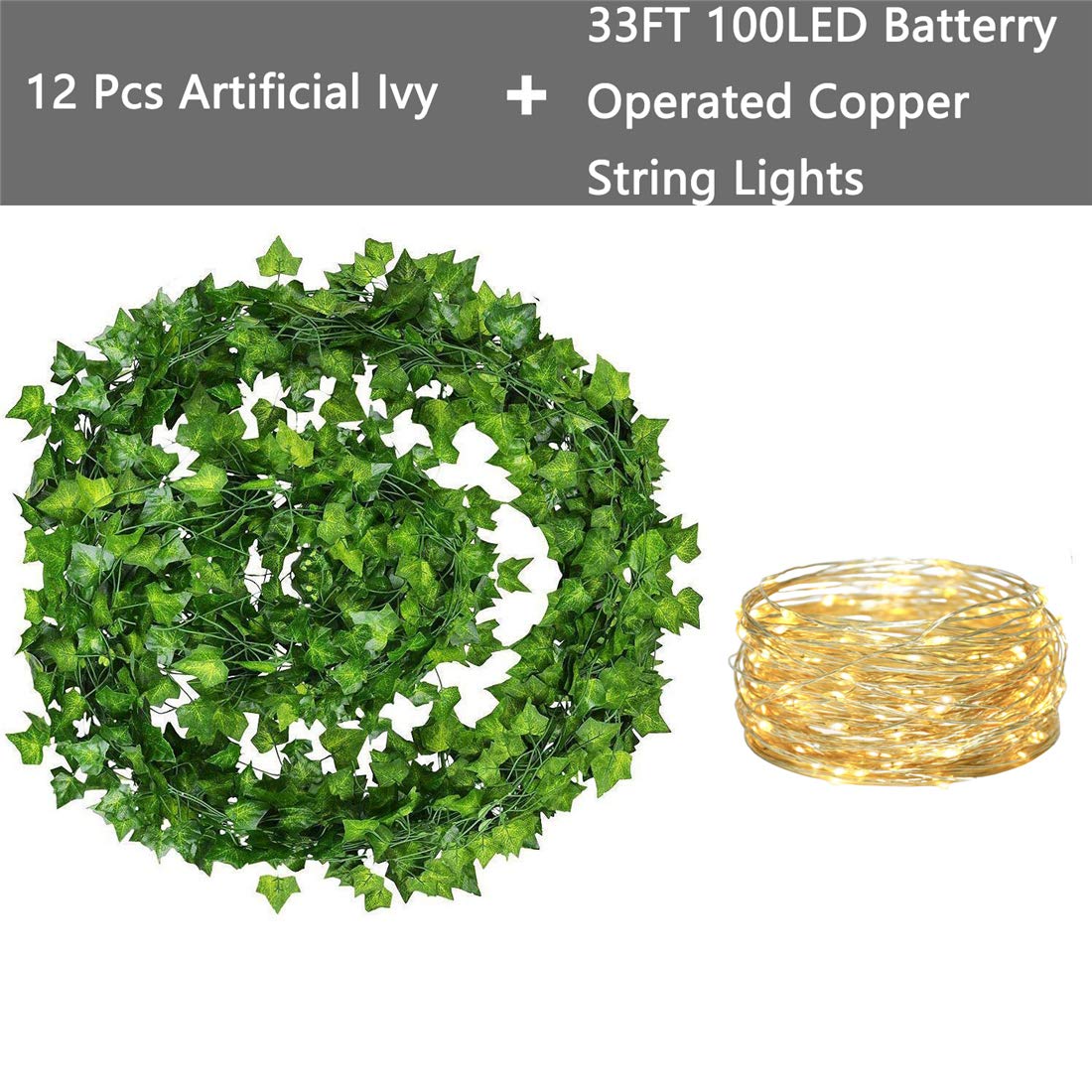 84 FT Artificial Ivy 12 Pack Ivy Vine Garland Ivy Leaves Greenery Garlands Hanging with 100 LED String Light Fake Leaf Plants Faux Green Flowers Decor for Home Kitchen Garden Office Wedding Wall
