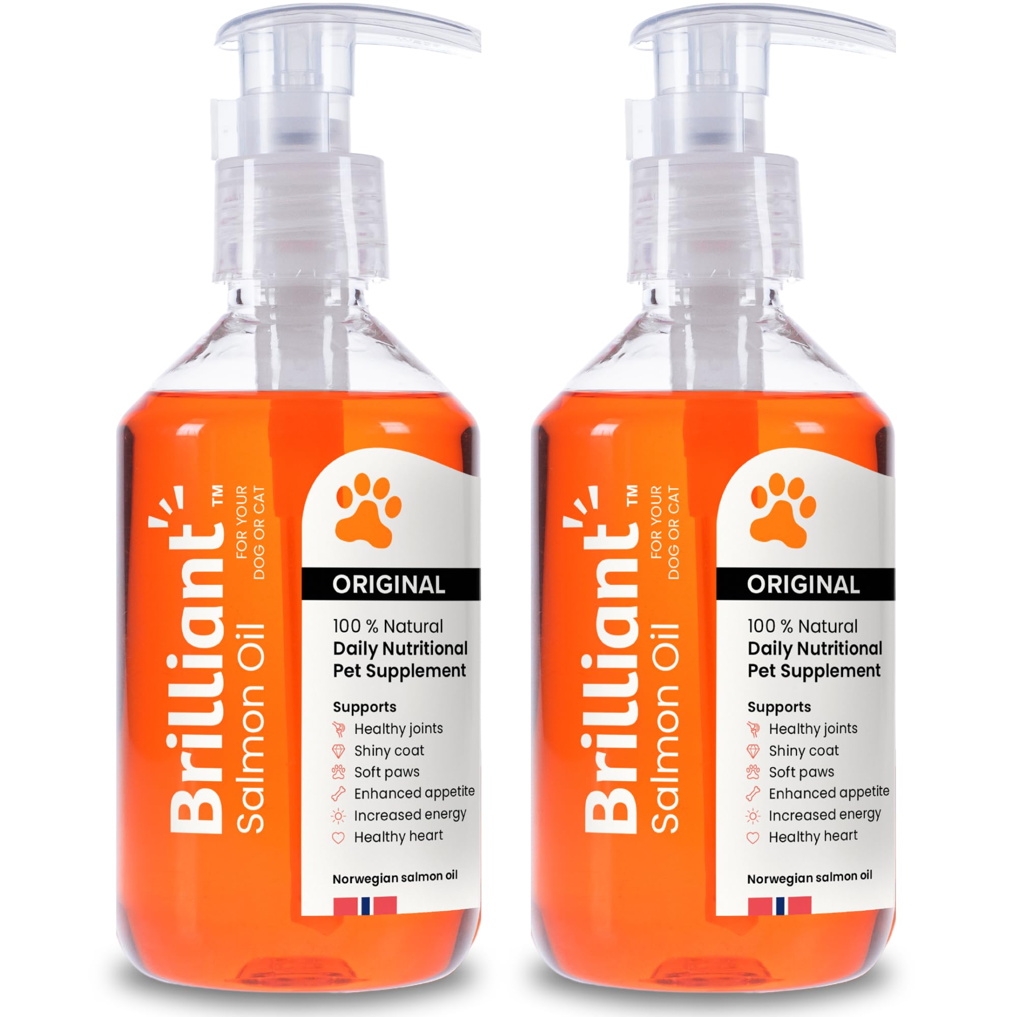 Brilliant Norwegian Salmon Oil for Dogs, Cats, Horse, Ferret - Pure Omega 3, 6 & 9 Fish Oil Food Treats Supplement for Natural Coat, Immune Support, Itchy Skin, Joint & Brain Health - 2x300ml