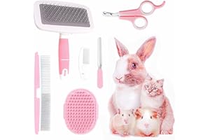 Crafterlife Small Animal Pet Grooming Kit with Pet Shedding Slicker Brush, Bath Massage Glove, Pet Grooming Comb, Nail Clipper Trimmer for Rabbit, Puppy, Kitten, Guinea Pig, Hamster, Ferret (Pink)
