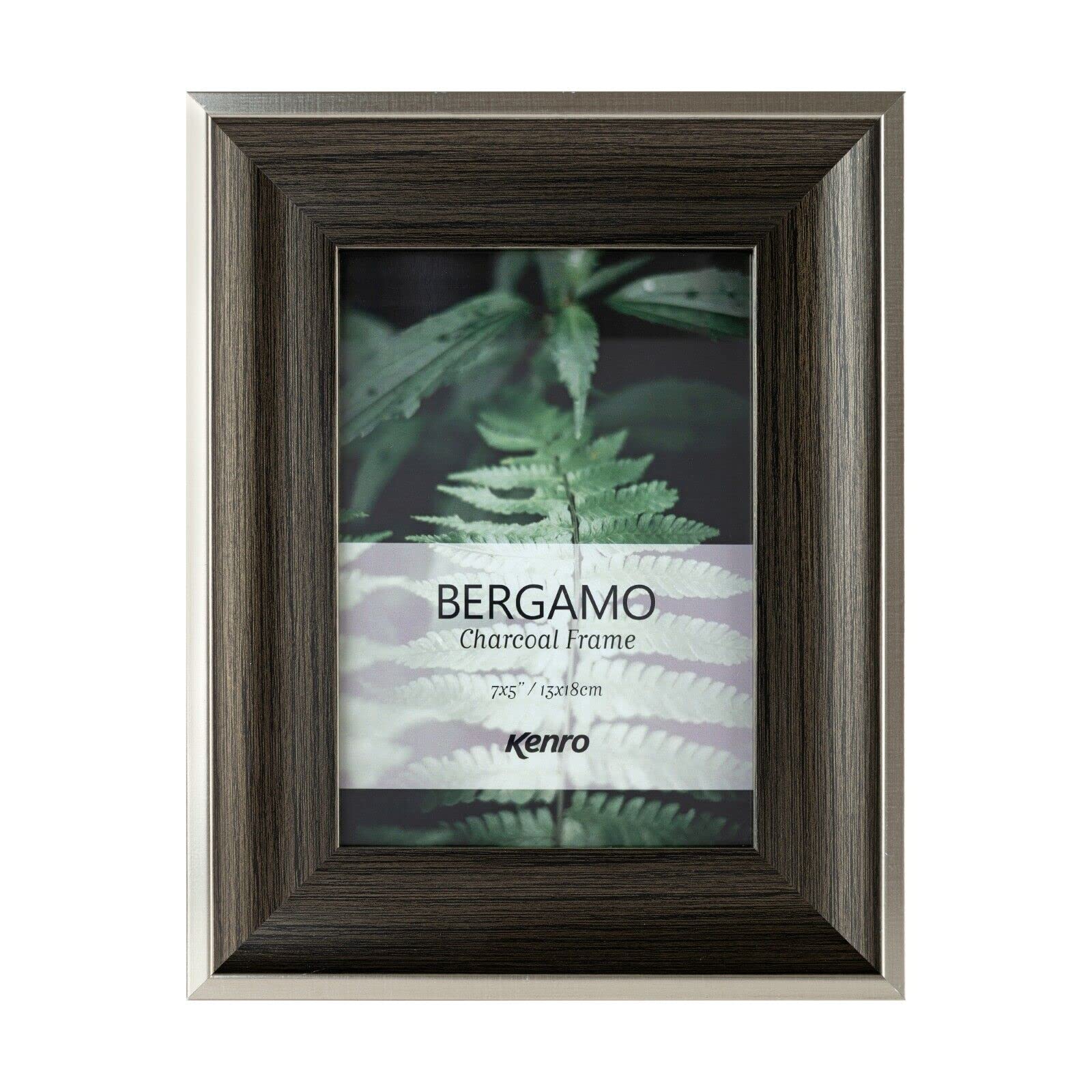 Kenro Bergamo Charcoal Wood Effect Photo Frame 8x6” / 15x20cm Dark Grey with Silver Border - BERG1520C