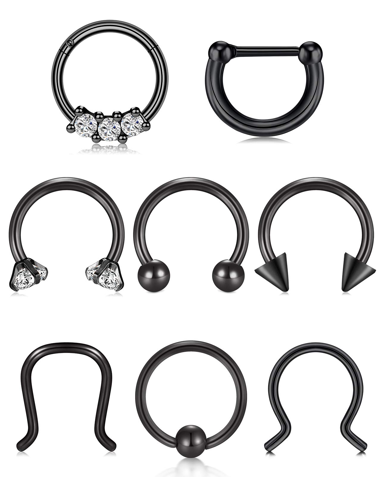VFUN 16G Septum Rings Stainless Steel CZ Horseshoe Tragus Earring Nose Rings Hinged Segment Clicker Rings Cartilage Helix Earrings Daith Ring Body Piercing Jewelry