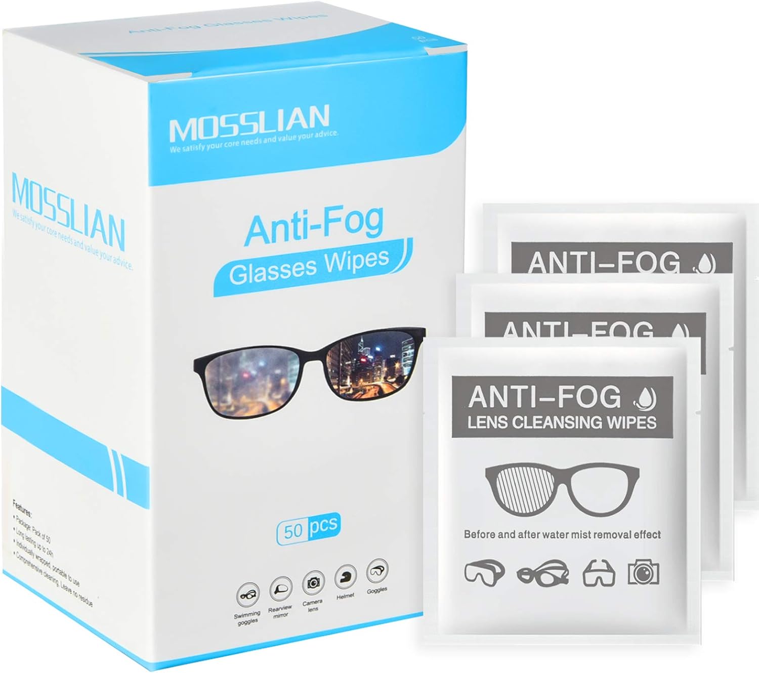 Anti Fog Glasses Wipes MOSSLIAN Lens Cleaning Wipes for Glasses Smartphone, iPhone, Screens and Other Delicate Surfaces, Pack of 50