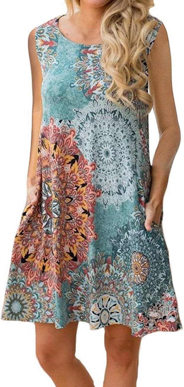 Tanst SkyWomen Summer Sleeveless Damask Print T-Shirt Dress with Pockets(S-3XL)