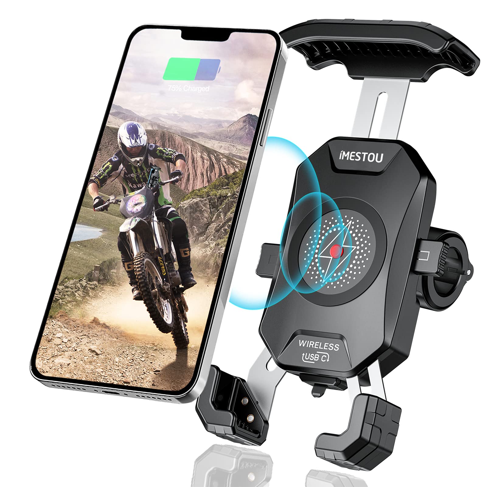 iMESTOU Motorcycle Wireless Phone Mount Charger Qi 15W & USB C 3.0A Charge Simultaneously by Plugging to 12V/24V Vehicle/USB A Socket with Aluminium Handlebar Base 360 Rotation for 4.0-7.0" Phones