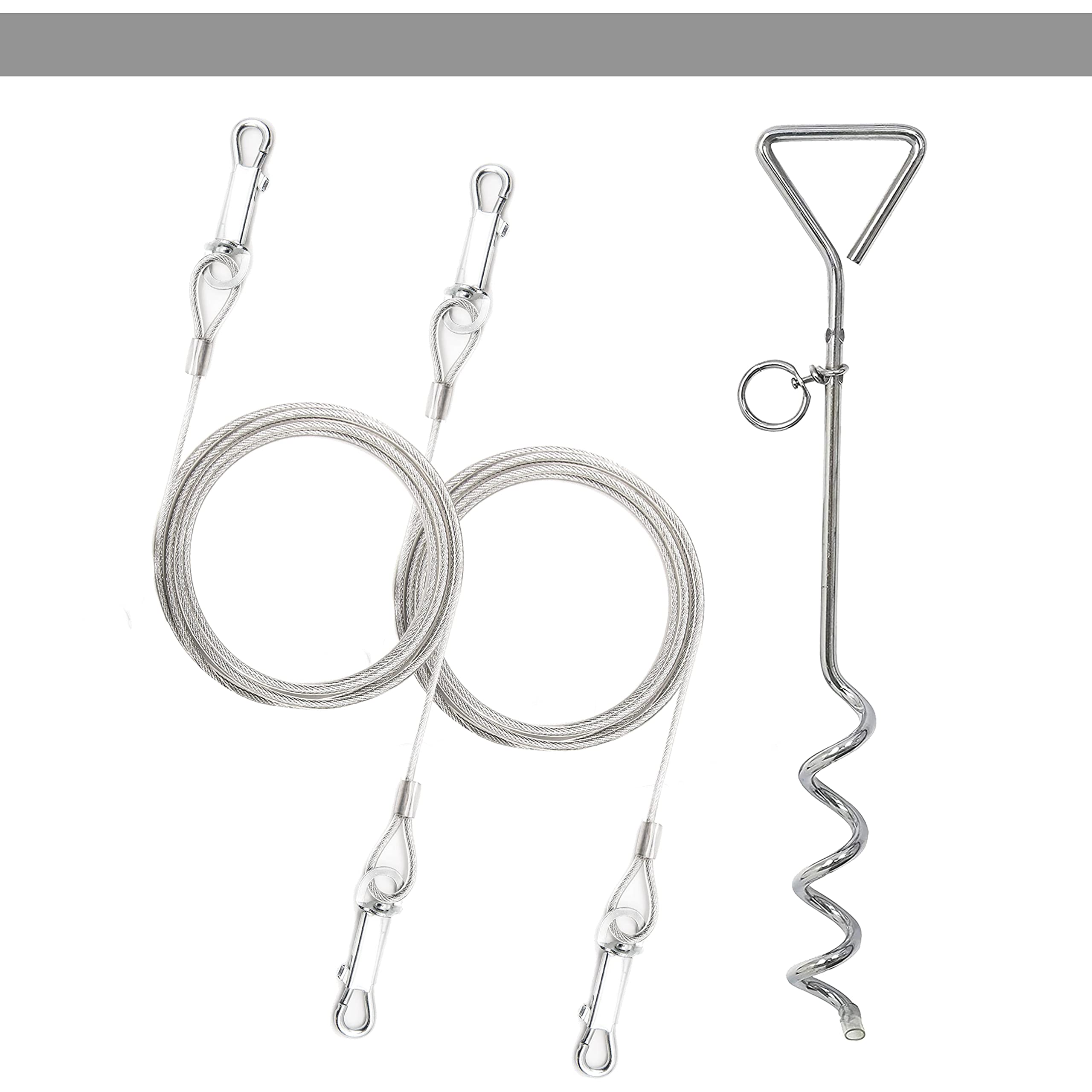2 X 1.8m Dog Chains for Outside, Dog Tie Out Cable & Steel Spiral Heavy Duty (40cm) Ground Spike Stake Dog Tether Camping, (SILVER)