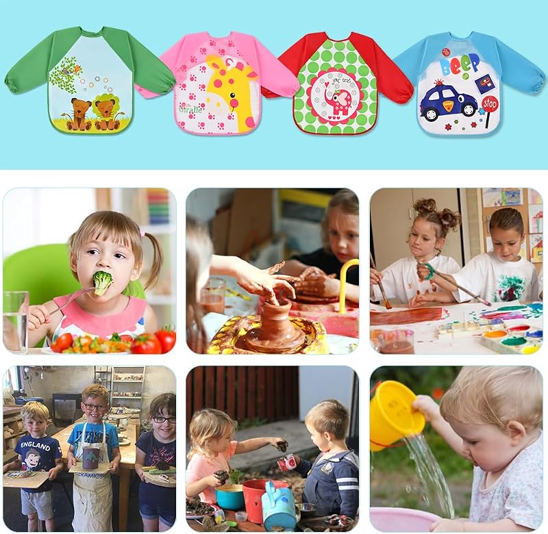 4 pezzi Bavaglini a Manica Lunga, Waterproof & Easy to Clean,Bavaglino Unisex per Bambini, Bambini e Neonati Giocare e Mangiare 6 Mesi a 3 Anni(Auto, Giraffa, Leone, Elefante)