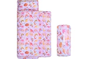 Cloele Toddler Nap Mats for Preschool with Pillow&Blanket - 53"x21" Kid's Slumber Bags for Toddler Girls Preschool Daycare Kindergarten Camping Travel,Pink Dinosaur