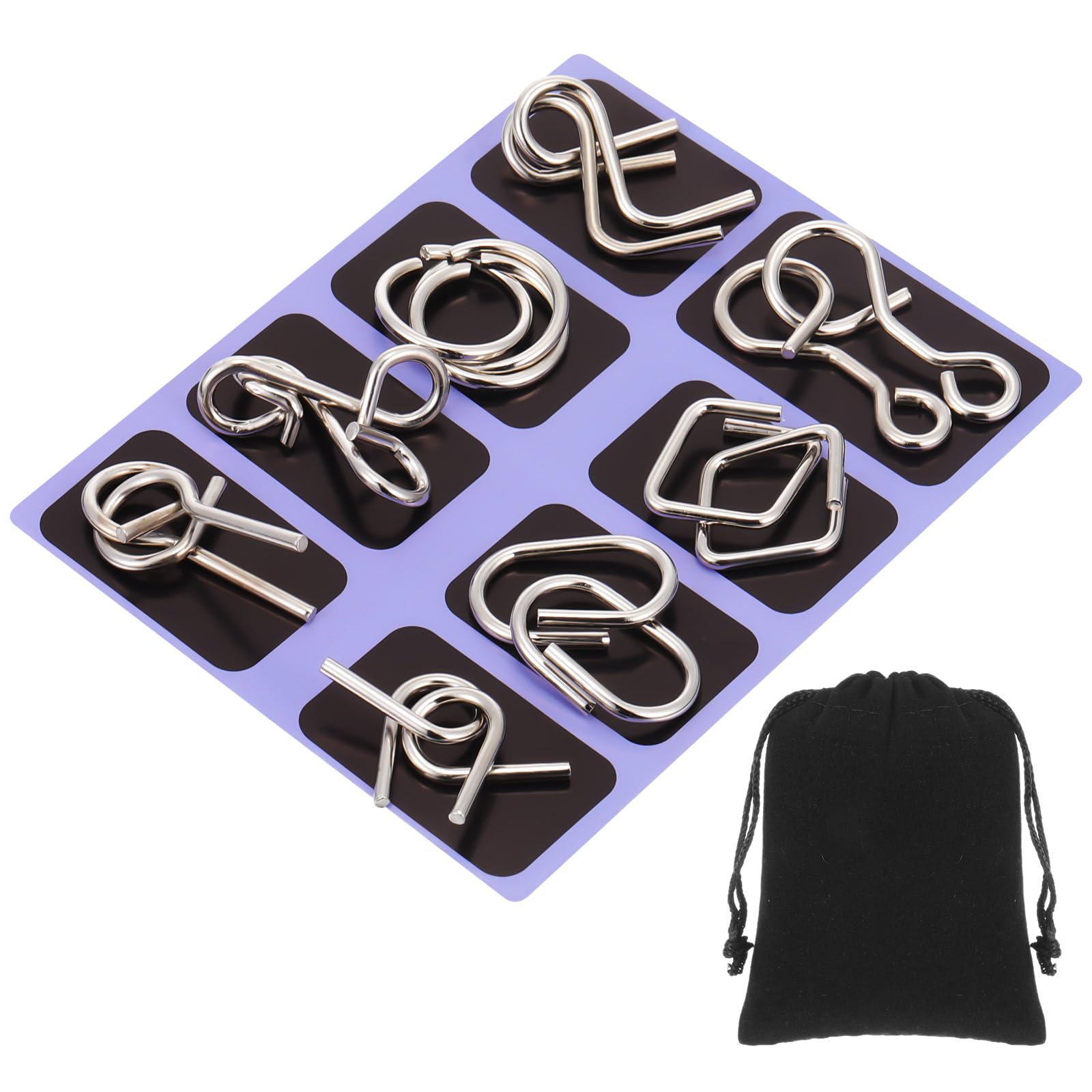 Photo 1 of Yilloog Metal Wire Puzzle Set of 8 with Pouch, Brain Teaser Puzzles IQ Test Ring Disentanglement Unlock Interlock Game Trick Metal for Party Favor Challenge(D Style)