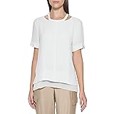 DKNY Women's S/S CUT OUT NECK TOP W/CHIFFON