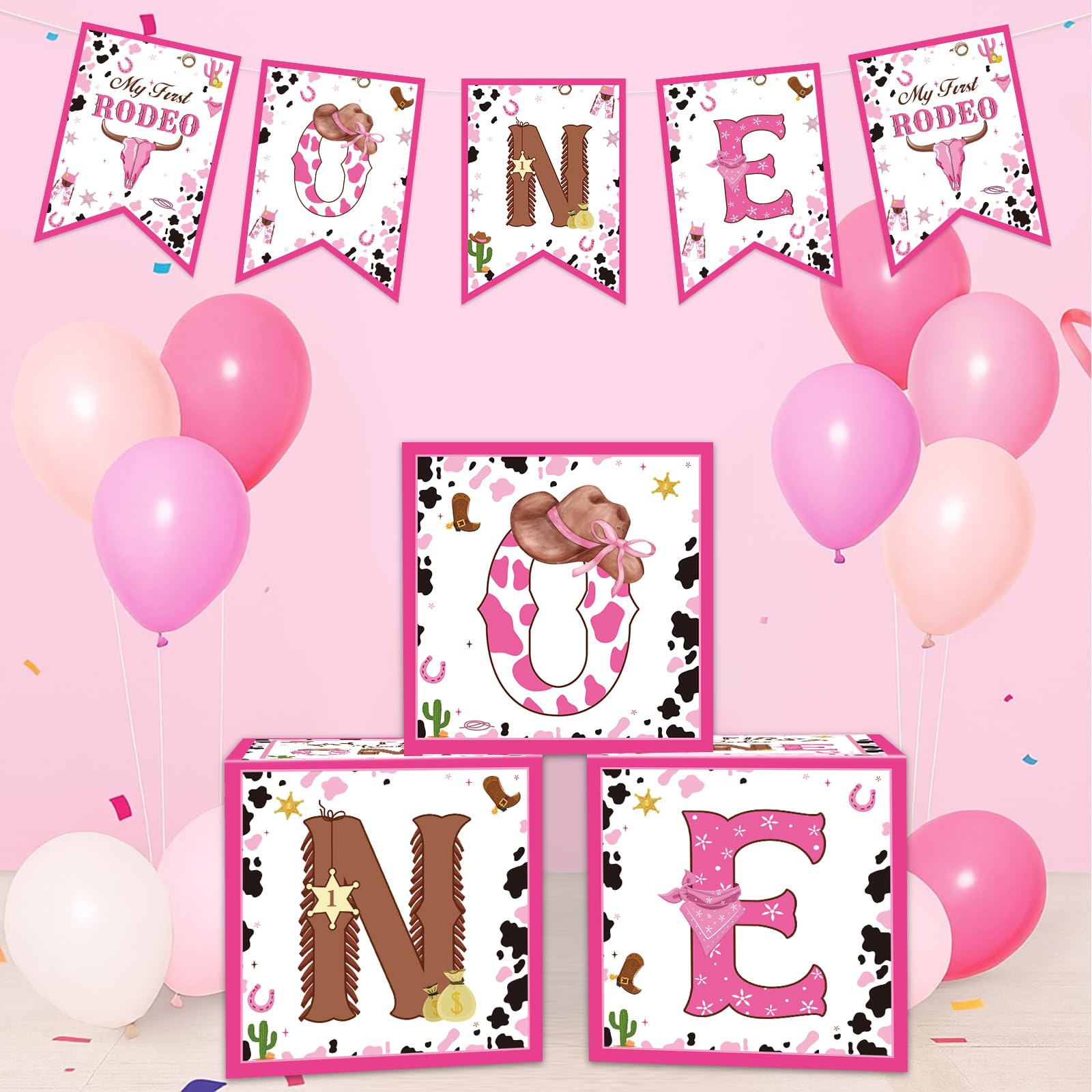 Photo 1 of iPartyGo My First Rodeo Decorations - 1st Birthday Party Decor for Girl Pink Cute Balloons Boxes with One Letters Banner Arch Set Western Cowgirl Theme Supplies Photo Prop Backdrop Gifts Favor