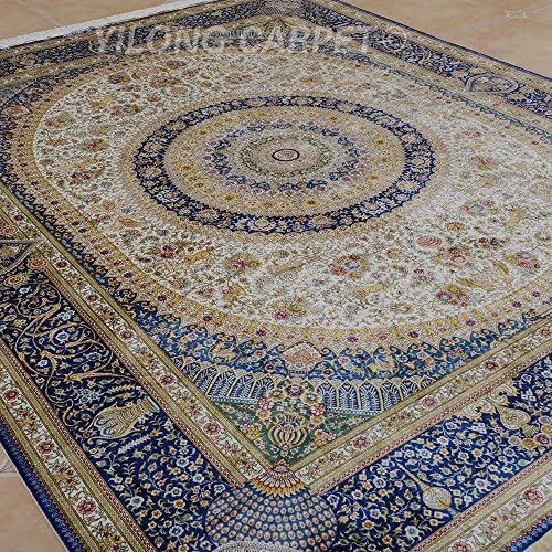 Yilong 8'x10' Handmade Silk Rug Classic Isfahan Persian Floral Medallion with Flowers and Vases Hand Knotted Home Carpet (Ivory and Royal) YL0933