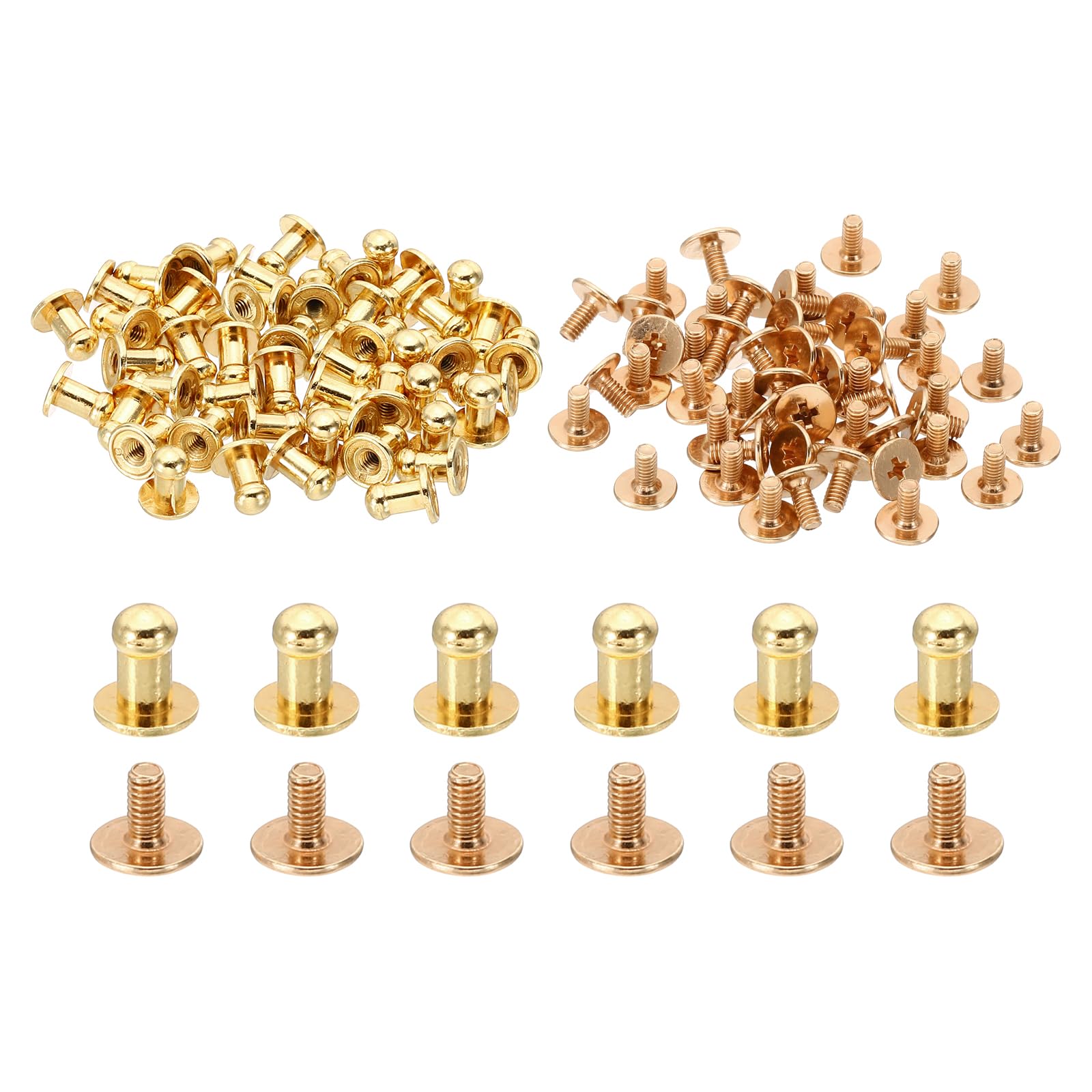 PATIKIL 4 mm Leather Rivets, 50 Sets Round Button Head Studs Metal Screw Studs Posts Chicago Screws Rivet for Clothing Leather Crafts, Gold Tone