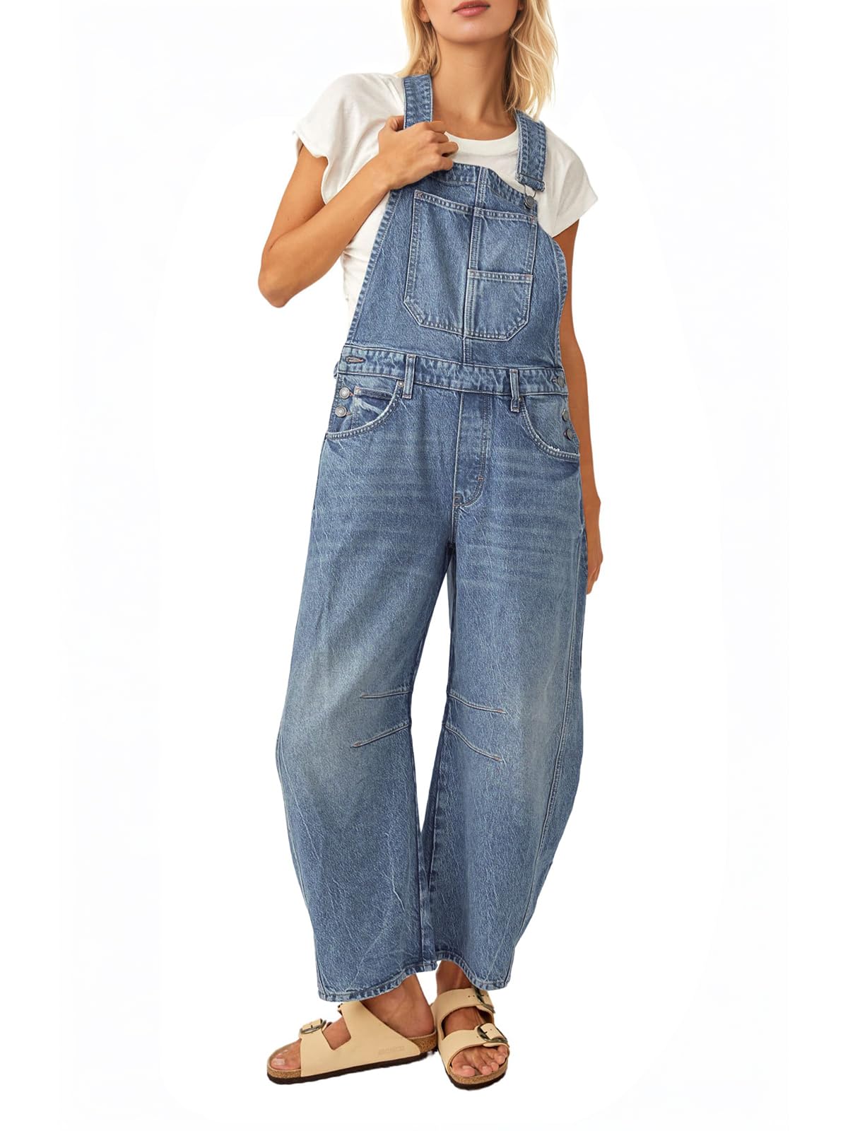 Photo 1 of **MINOR DAMAGE**ONE STRAP IS TORN***
Dokuritu Denim Overalls for Women Casual Barrel Leg Jean Jumpsuit Adjustable Strap Pockets Baggy Overalls for Women SIZE M