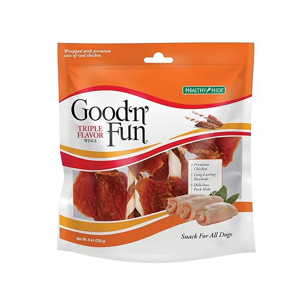 GOOD ‘N’ FUN TRIPLE FLAVOR WINGS CHEWS FOR ALL DOGS, 8 OUNCES, TREAT YOUR DOG TO LONG-LASTING CHEWS MADE WITH CHICKEN, BEEF HIDE AND PORK HIDE
