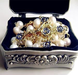 elegantmedical Handmade (AAA 10MM) Real Pearl Beads Catholic Gold Rosary Cross Gift Necklace Supper Box