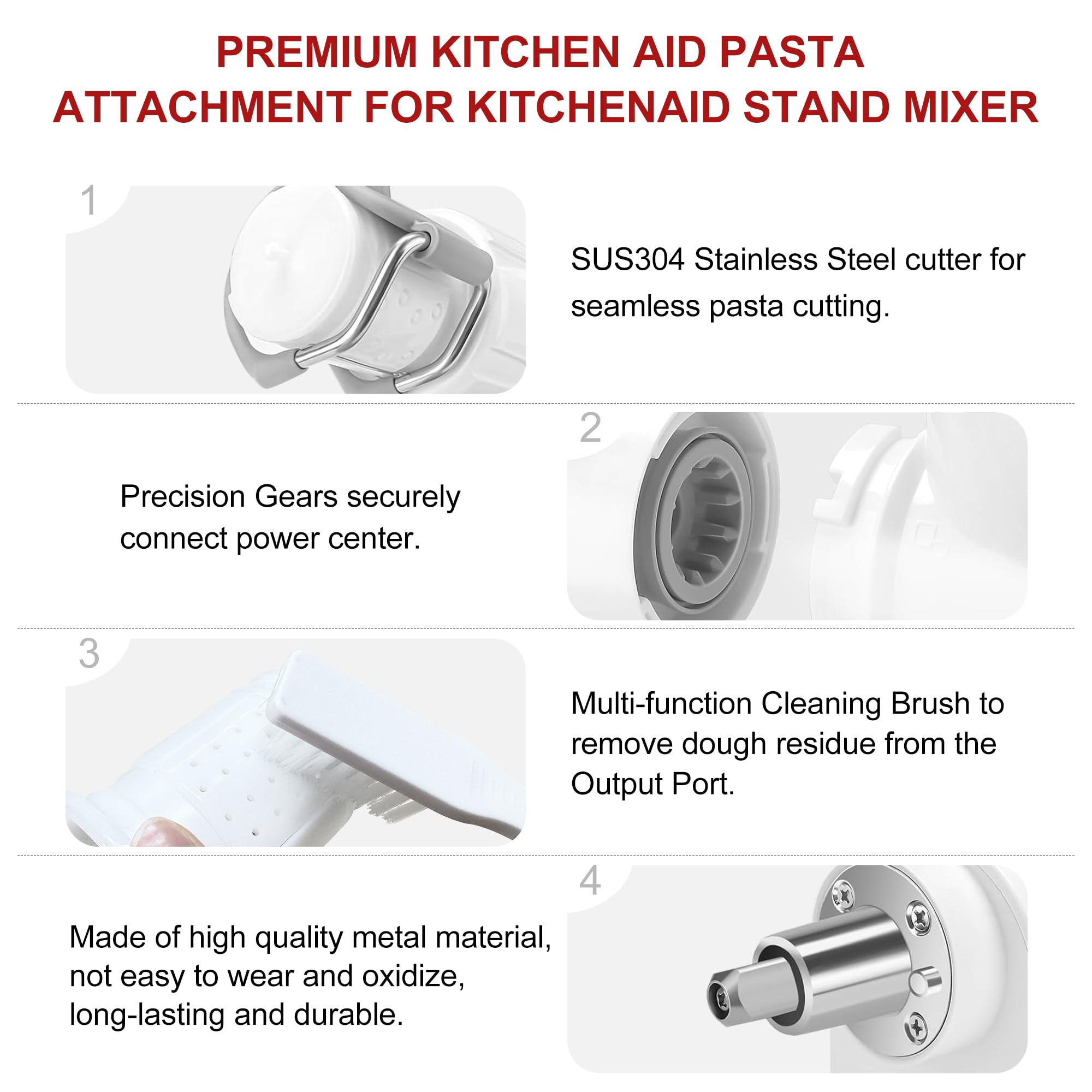 6 in 1 Pasta Attachment for Kitchenaid Stand Mixer, Durable Pasta Maker Attachment for Easy Homemade Fresh Noodles with 6 Different Shapes Pasta Outlet & Cleaning Brush, Dishwasher Safe