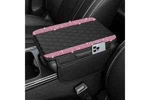 NBTEPEM Bling Car Center Console Cover, Leather Car Arm Rest Cover Cushion with 2 Storage Bags, Universal Automotive Armrest Protector Storage Box, Bling Accessories Interior for Most Vehicles (Pink)