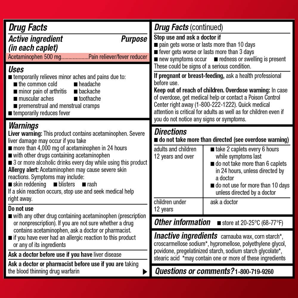  Basic Care Extra Strength Pain Relief, Acetaminophen Caplets, 500 mg, 500 Count: Prime Pantry