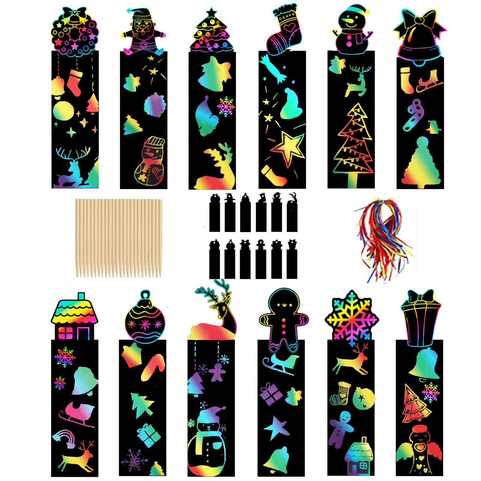 Johiux Christmas Scratch Art for Kids,24Pcs Bookmarks for Children,Classroom Gifts,with 24pcs Wooden Stylus and 24pcs Satin Ribbons for Kids School Tags,Classroom, Party Bags Filler for Kids.,(CB01)