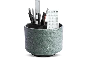 Jasenna Round Leather Art Supply Organizer,Remote Control Holder,360 Degree Rotating,Multi-Functional Pencil Holder,4 Compart