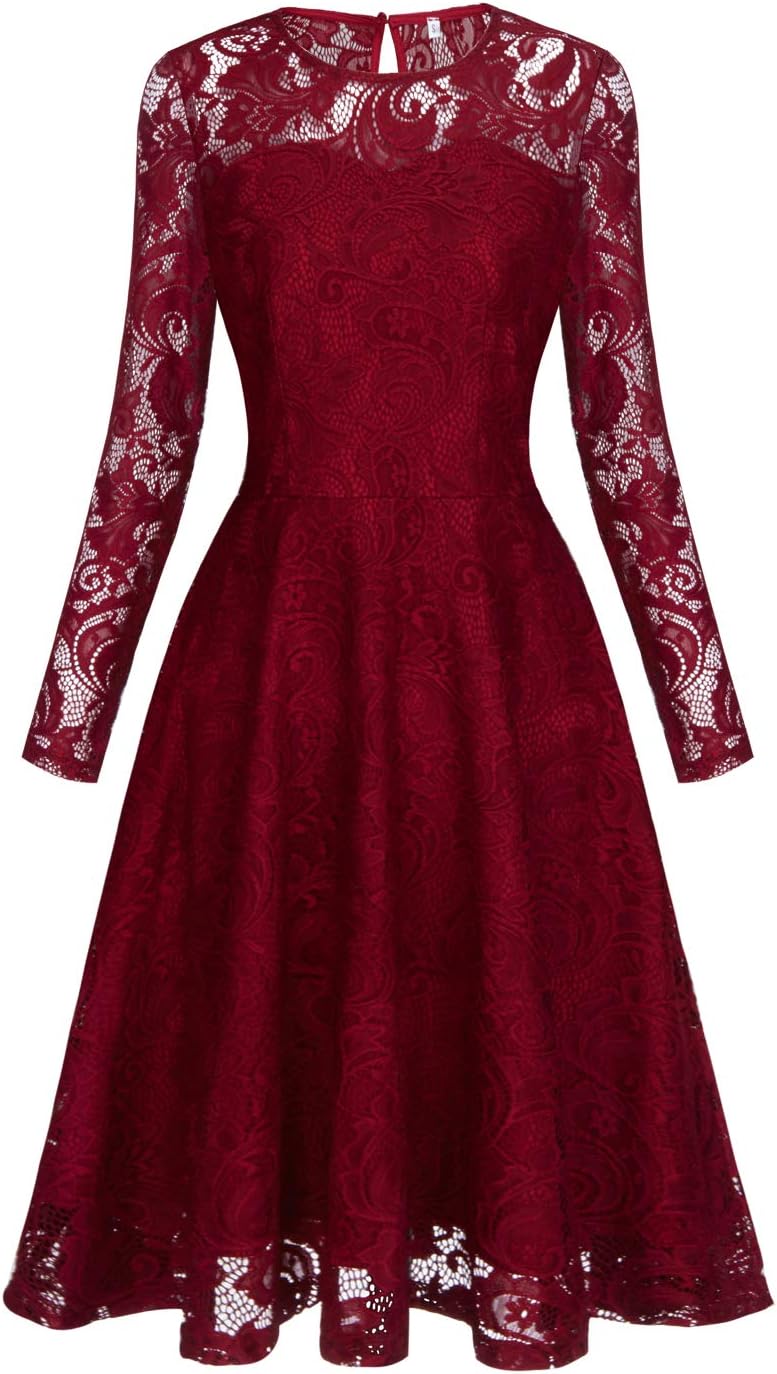 Women's Long Sleeve Vintage Floral Lace Evening Formal Party Cocktail Dresses
