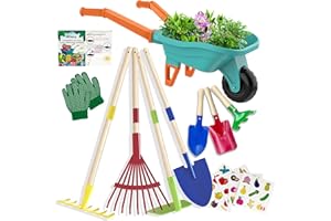 Qtioucp Kids Gardening Tools Outdoor Toys Set Backyard Play with Wheelbarrow Educational STEM Learning Pretend Toys Outdoor I