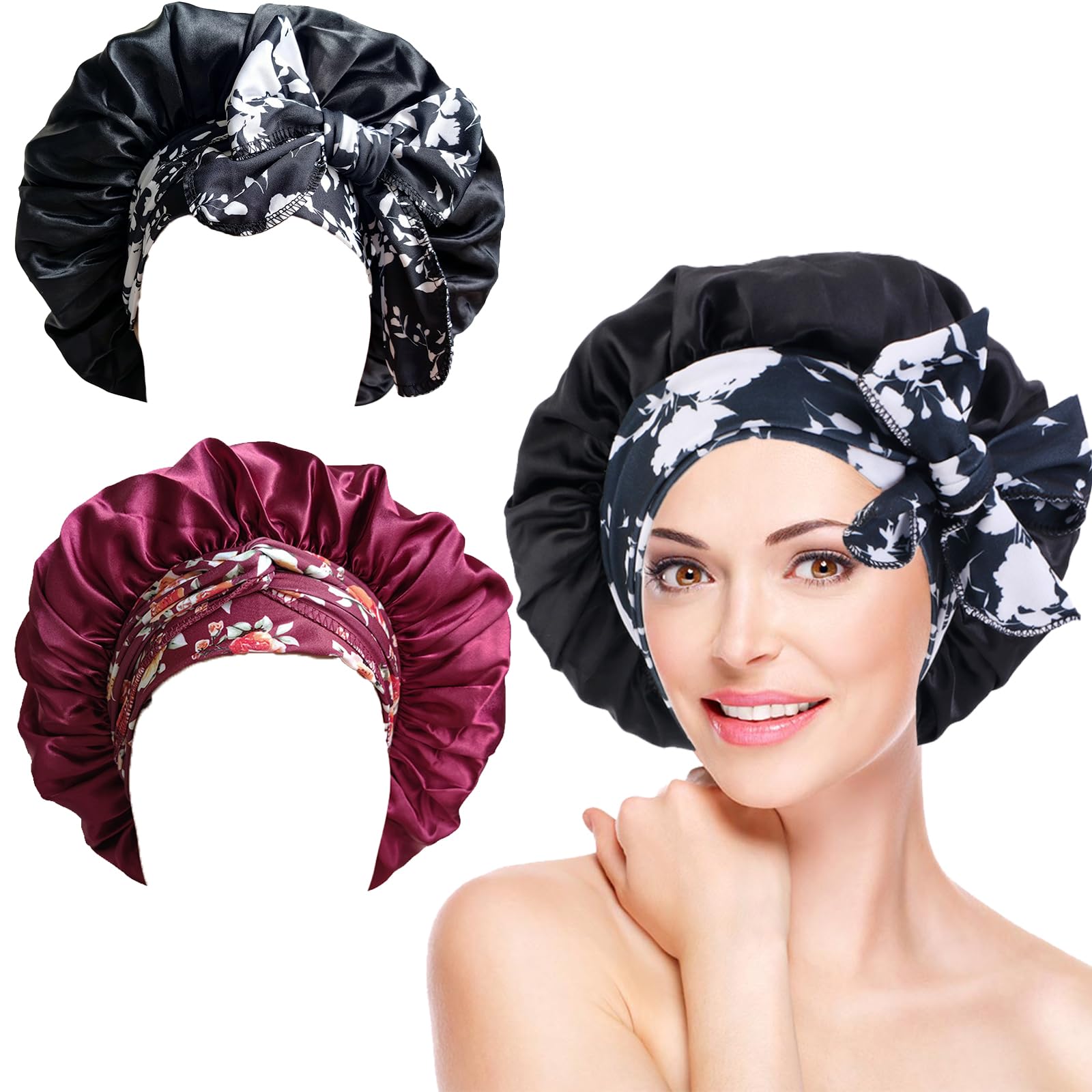 2 PCS Hair Bonnet for Bath, Silk Bonnet Hair Wrap for Sleeping, Adjustable Satin Night Sleeping Cap, Soft Elastic Band Silk Bonnet, Satin Sleep Cap for Washing, Makeup, Sport (Black,Red)
