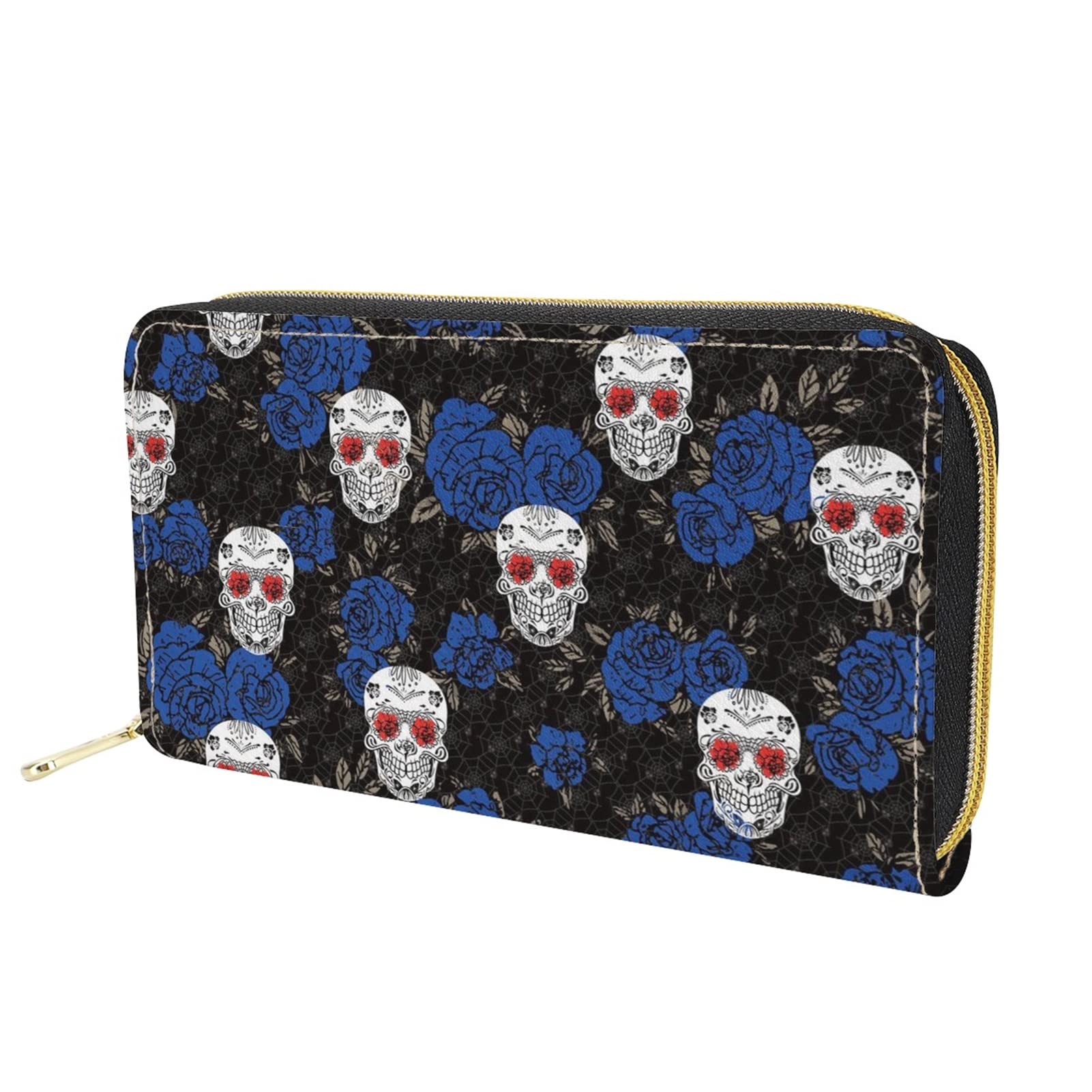Dolyues Blue Rose Skull Spider Web Pattern Ladies Credit Card Holder Fashion Long Pu Leather Large Capacity Zipper Wallet with Coin Pockets