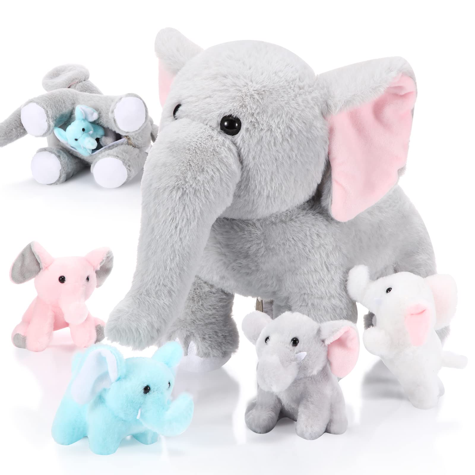 Photo 1 of 5 Pcs Plush Elephant Stuffed Animals with Babies, Mommy Elephant with 4 Plush Baby Soft Elephants Animals Play Set for Party Supplies, Favors, Decorations, Stocking Stuffers(Multicolor)