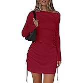 PRETTYGARDEN Long Sleeve Dress for Women 2026 Fall Off The Shoulder Cocktail Party Spring Mini Ruched Bodycon Dresses
