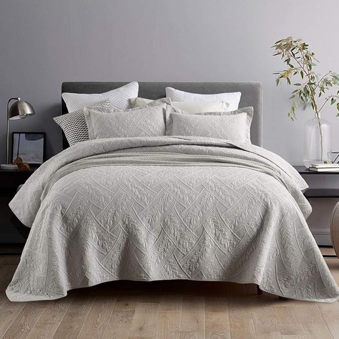 Brandream Gray Quilt Bedding Set Luxury Queen Size Bedspreads Cotton Elegant Quilt