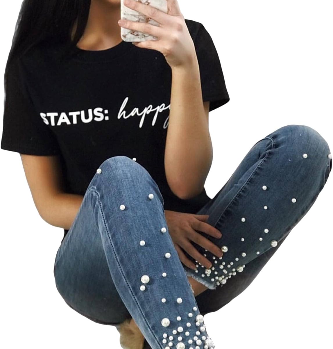Jahurto Women Status Happy Causal T-Shirt Summer Funny Letters Short Sleeve Tee Tops