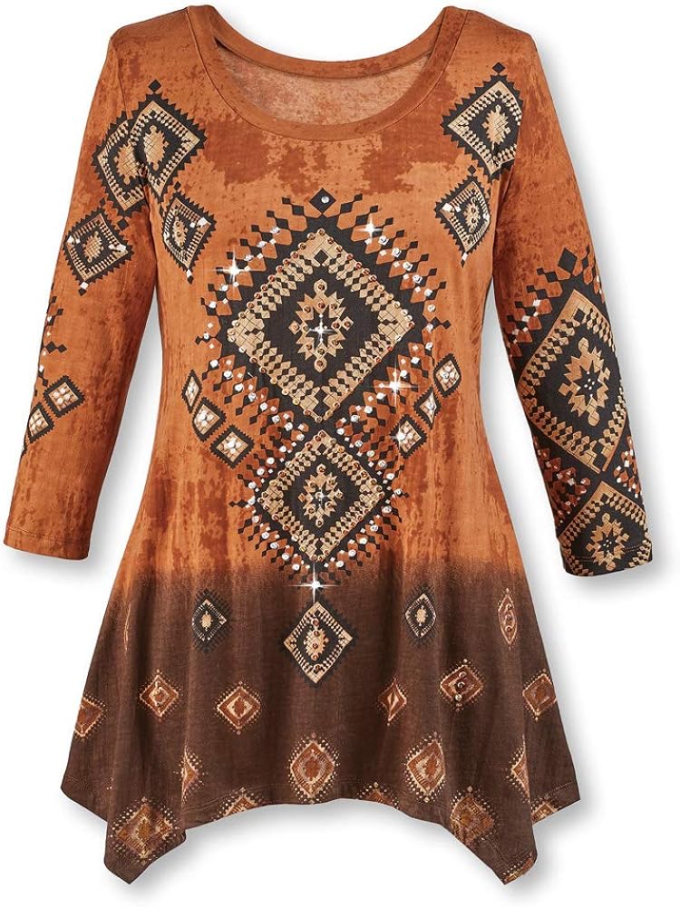 Diamond Aztec Sharkbite Tunic Top Southwestern Style, Three Quarter Sleeves, Brown Ombre