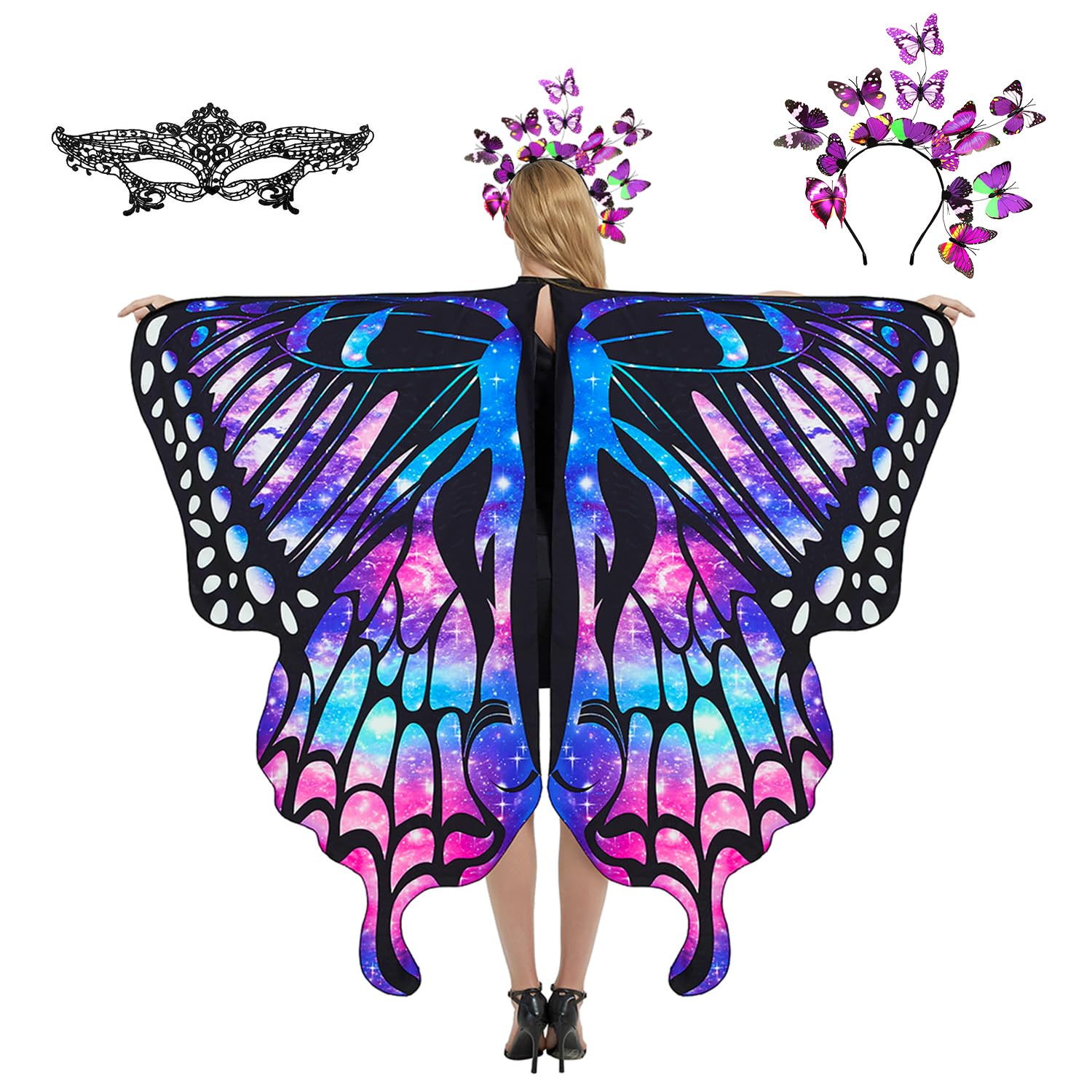 plainshe Butterfly Wings, Fairy Wings for Adults, Butterfly Costume, Halloween Costumes for Women, 3PCS Butterfly Cape Set. (#026)