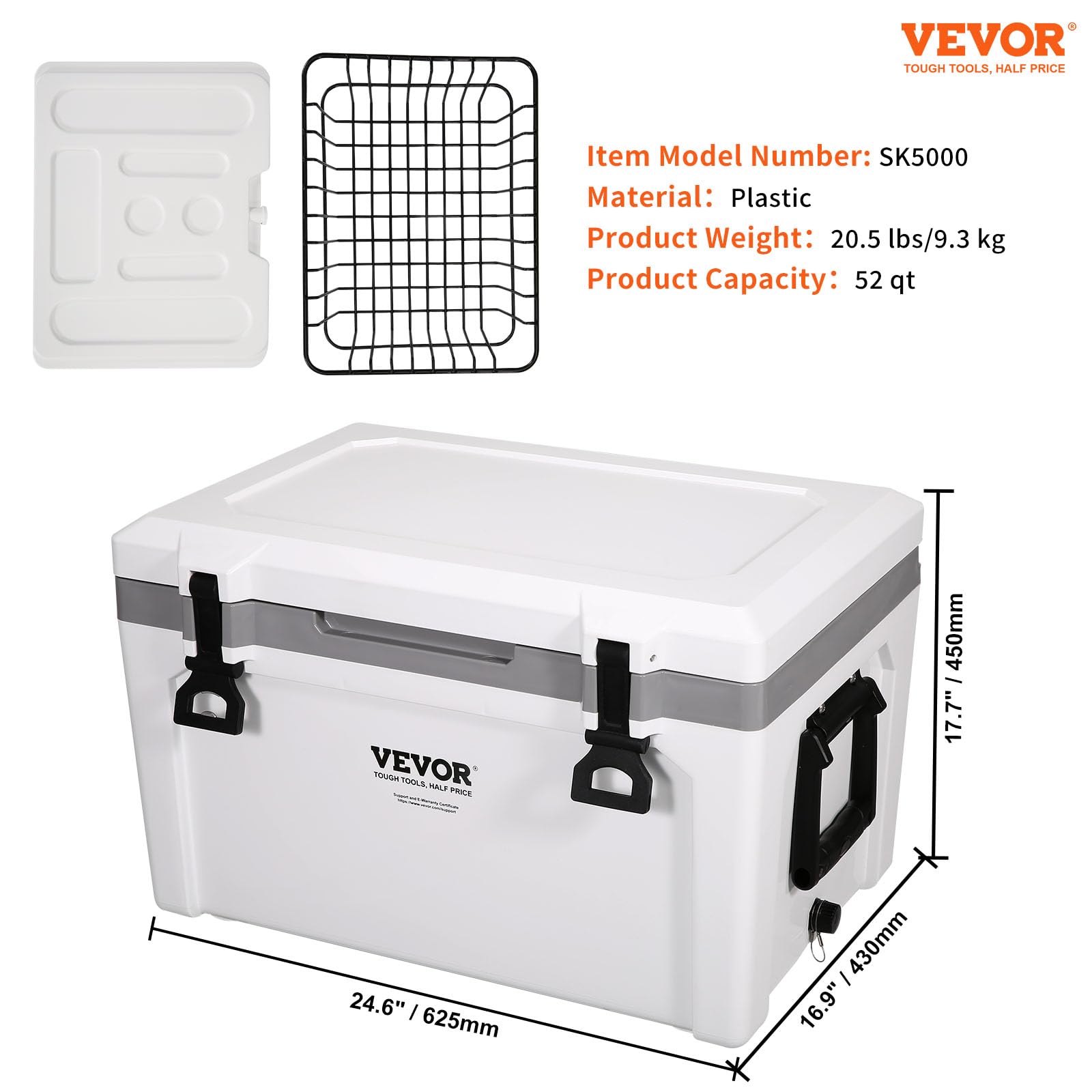 VEVOR Ultra-Light Hard Cooler, Ice Retention Cooler with Heavy Duty Handle, Ice Chest Lunch Box for Camping, Travel, Outdoor, Keeps Cool for up to 6 Days, 30% Lighter Than Rotomolded Coolers