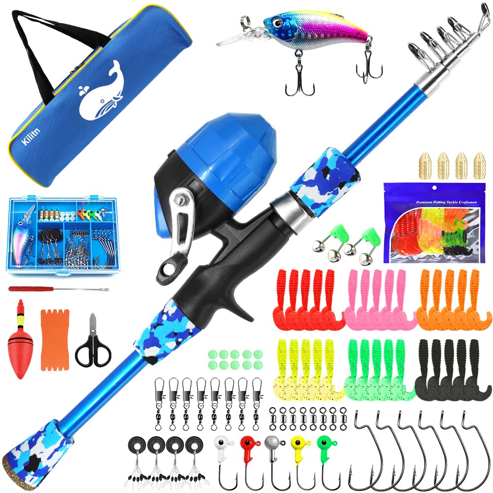 Kilitn Kids Fishing Rod, Portable Combos Telescopic Fishing Pole and Reel Combos and String with Fishing Line Full Kits, Youth Fishing Gear for Kids, Boys, Girls (Blue, 1.3M 4.27FT)