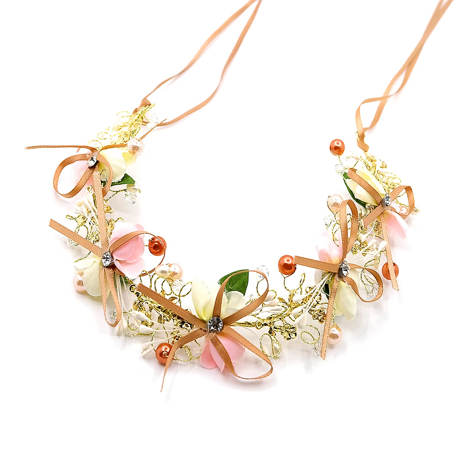 Flower Headband, Bridal Flower Wreath with Artificial Leaves, Flowers and Pearl Rhinestone Flowers Hair Bands, Bridal Wedding Hair Accessories for Women, Girls
