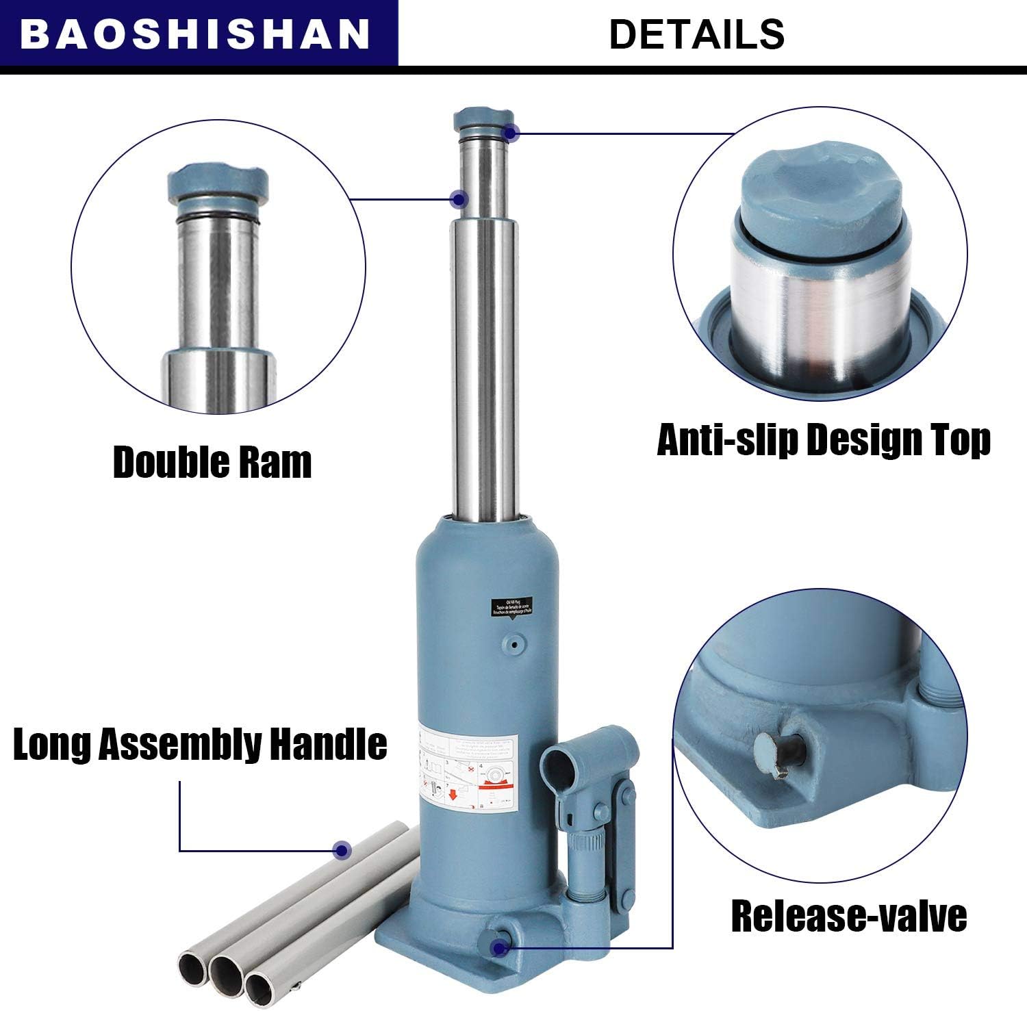 BAOSHISHAN 4 Ton Double Ram Bottle Jack High Lift Hydraulic Jack 10-5/8" to 24-1/8" Lifting Range: Home Improvement