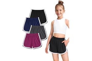 BOOPH 4 Packs Girls Shorts Quick Dry Kids Athletic Soccer Running Dolphin Shorts with Pockets