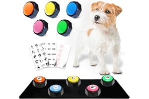 PENGHETM Dog Buttons for Communication + Anti-Slip Mat, 30s Recordable Pet Training Buttons Set with 45 Stickers & Magic Tape (ICats/Dogs/Office Games) (Orange/Yellow/Blue/Green/Pink, 3.58X1.44in)