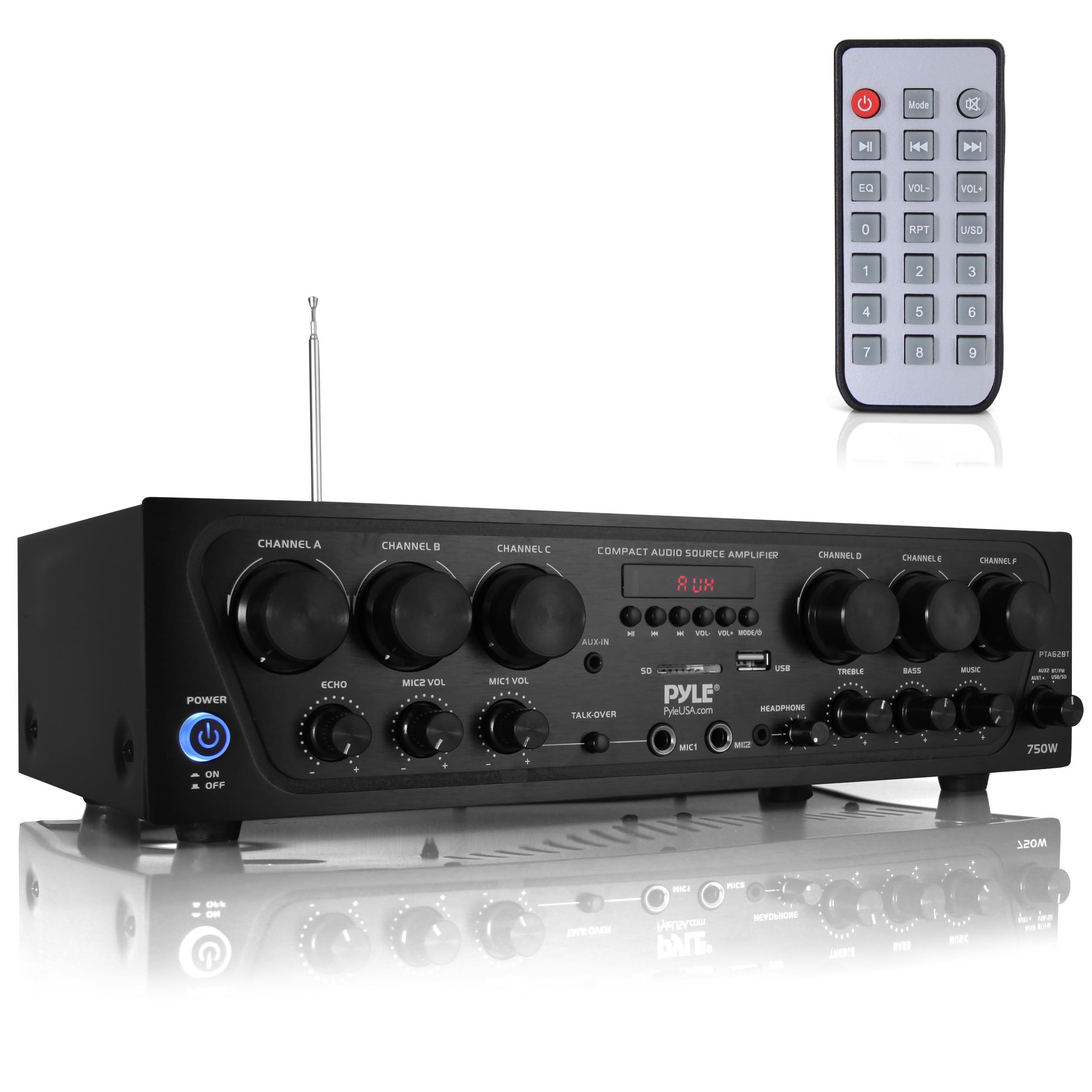 Pyle Wireless Bluetooth Karaoke Amplifier - 6 Channel 750W Power, Stereo Receiver Home Audio Amplifier w/USB,AUX, Subwoofer Out, Headphone, 2 Mic Input w/Echo, Talk-Over For PA