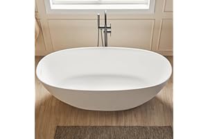 Cpingao 55" Stone Resin Freestanding Bathtub, Oval Contemporary Soaking Tubs, Solid Surface Stand Alone Tub with Drain & Integrated Slotted Overflow Matte White 8845-1400