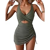 B2prity Women Mesh One Piece Swimdress Swimsuit Tummy Control V Neck Cutout Bathing Suit Wrap Drawstring Sarong Swimwear