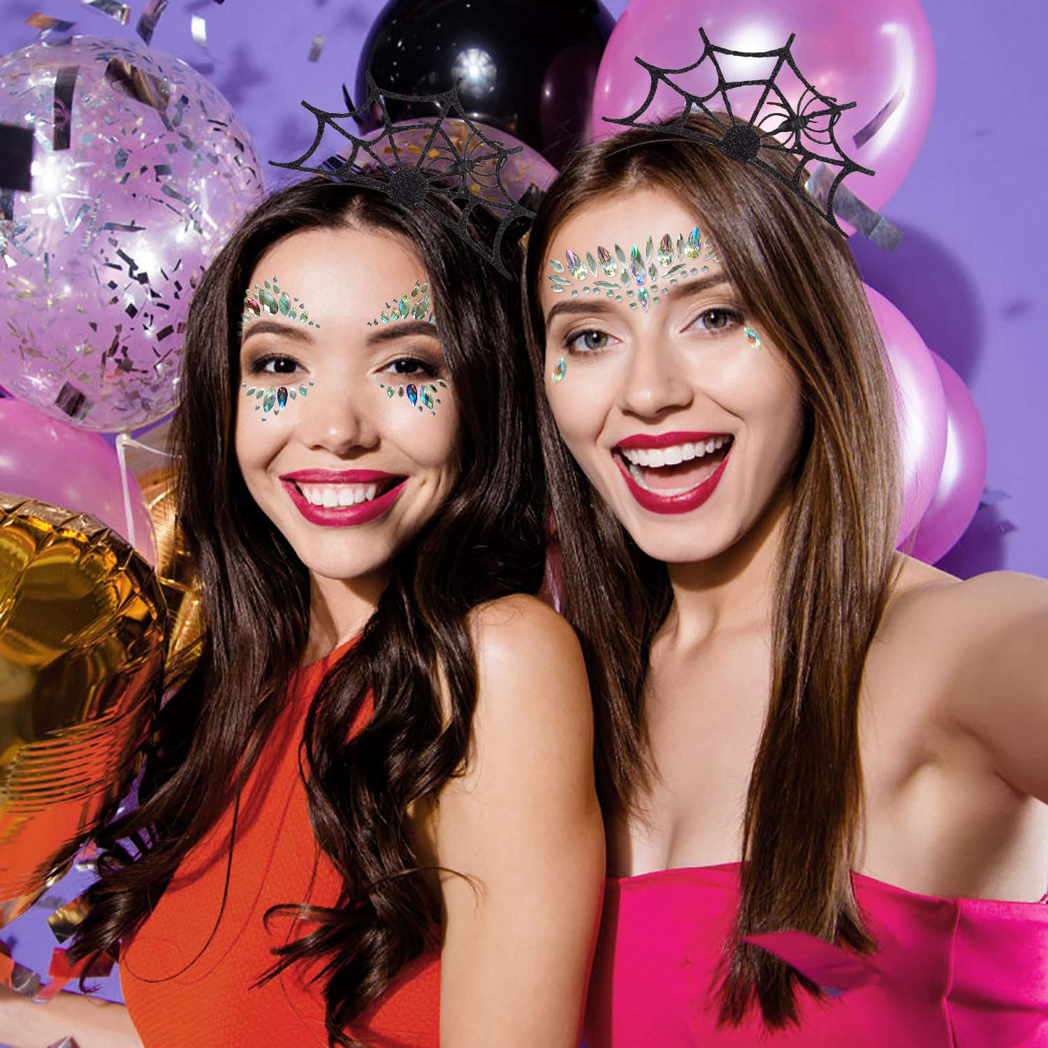 Aniwon 2PCS Halloween Spider Web Headband+2 PCS Rhinestone Face Jewels, Spider Headband Halloween Party Headband Hair Hoop with Mermaid Face Gems Glitter for Women Halloween Cosplay Party Costume